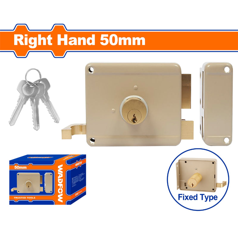 Cerradura de sobreponer para puertas. Cilindro Fijo. Lado Derecho de 50mm. Incluye 3 llaves.