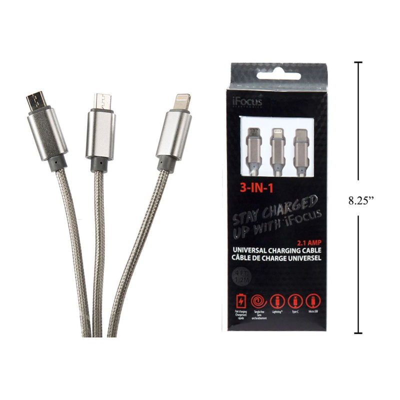 iFocus, cable de carga y sincronización 3 en 1 de 1,2 M, plateado, bandeja cbx +