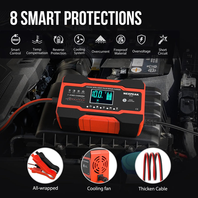 Cargador de batería inteligente para carro, de 10 amperios, 12 V y 24 V