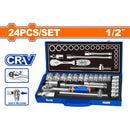 Socket ratchet 1/2". Set de 24 piezas. Cr-V. Incluye: Sockets,Barras de extensión, Barra T. Térmico. 24 dados
