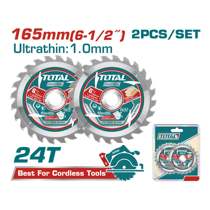 Discos 6 1/2" Sierras Ultra Fina 1.0mm TCT 165mm 24T Set de 2 piezas. Uso Madera. Sierra circular.
