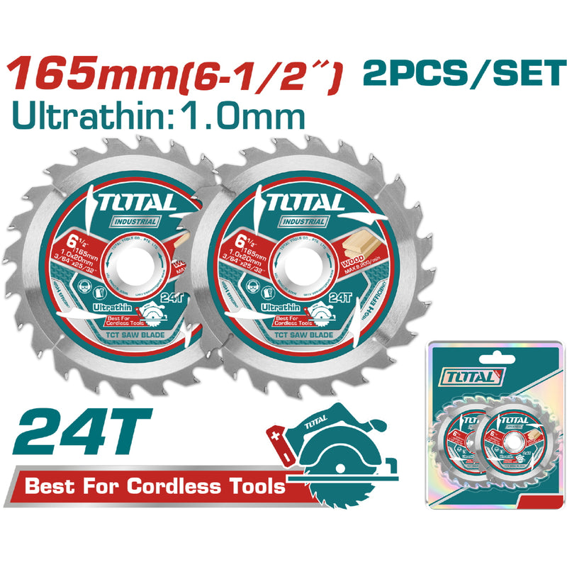Discos 6 1/2" Sierras Ultra Fina 1.0mm TCT 165mm 24T Set de 2 piezas. Uso Madera. Sierra circular.