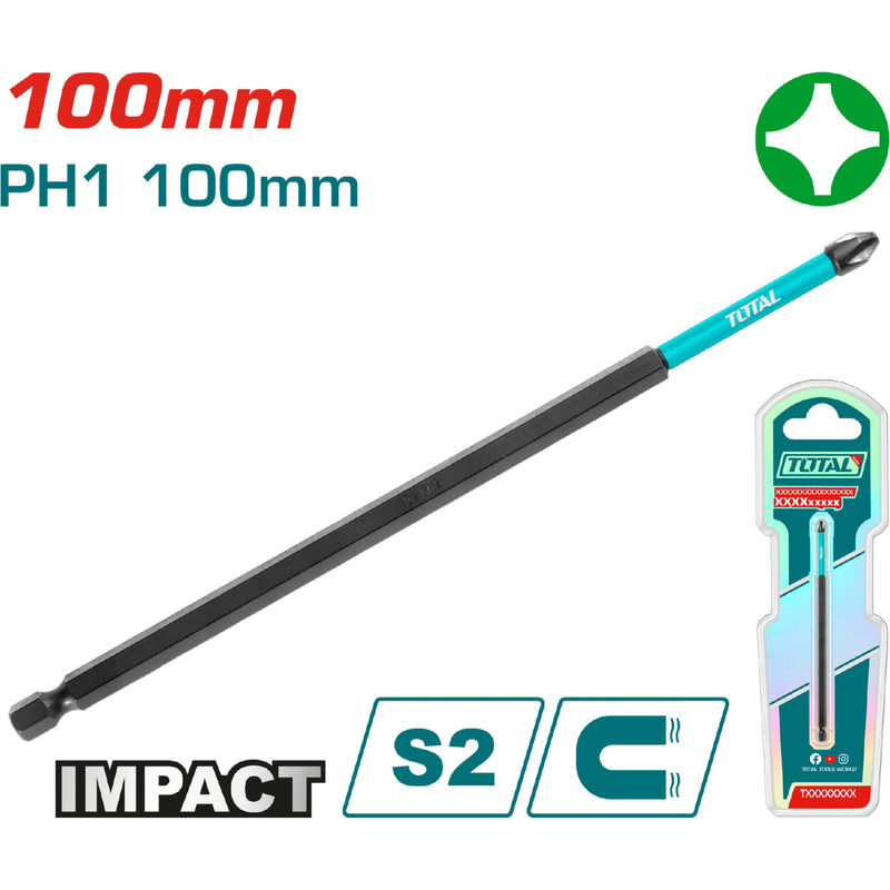 Punta de Destornillador de Impacto PH1 100mm Magnético. Tipo Phillips. Largas