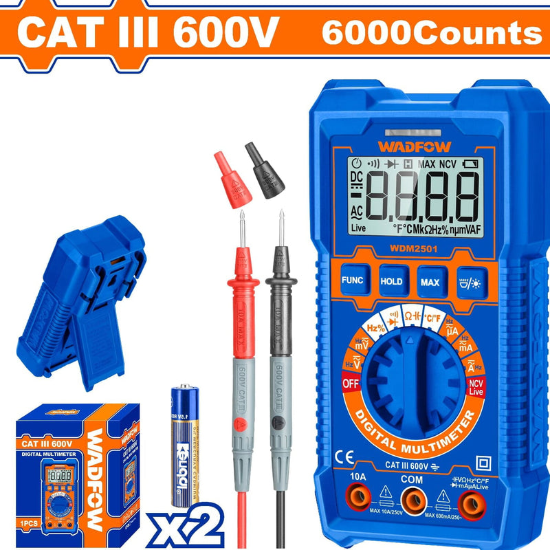 Multímetro Digital 6000 dígitos. CATIII 600V. Medición de temperatura. Rango automático.
