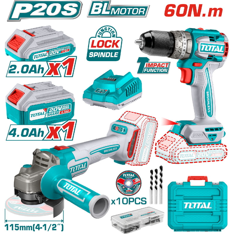 Combo del mes Total Esmeril angular 20V Motor sin escobillas 4-1/2". Taladro Compacto motor sin escobillas 20V 60Nm. Batería y Cargador. POCAS UNIDADES