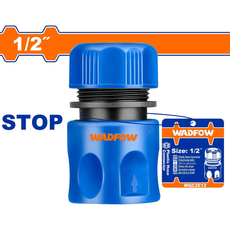 Conector de manguera de plástico con adaptador de 1/2" y función para detener el agua.