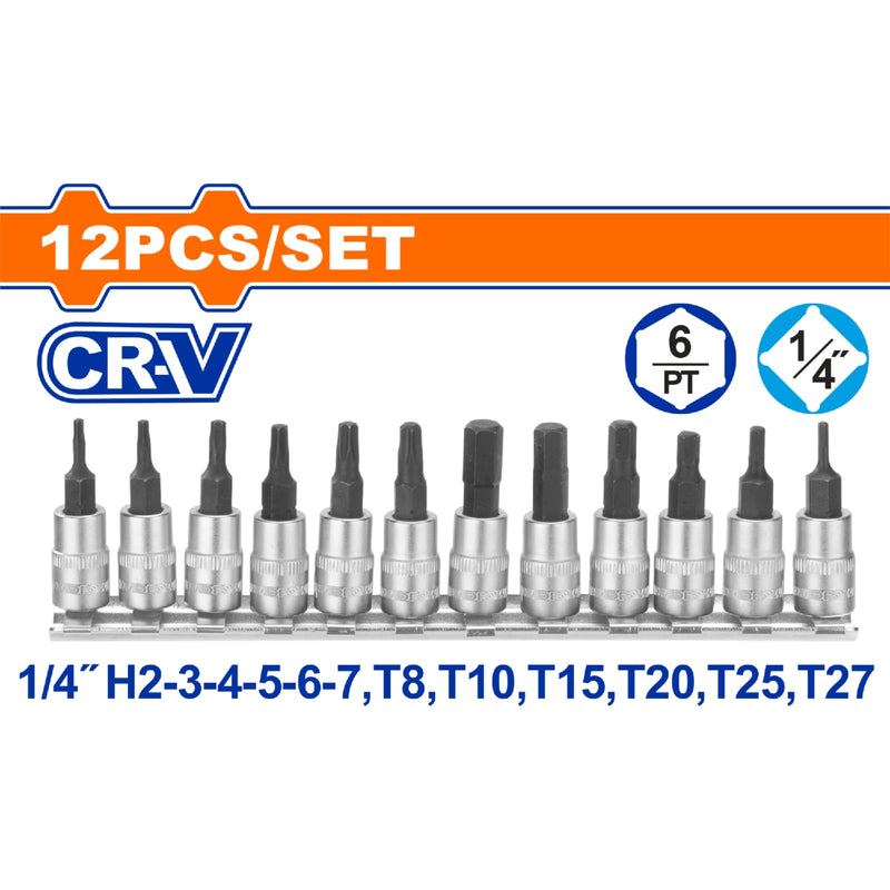Dados Socket de Puntas Hexagonales y Torx 1/4" .Set de 12 piezas. Cr-V. Cromado. Térmico.