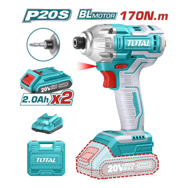 Llave de impacto dado hexagonal 1/4" 20V Motor sin escobillas. 170NM. Incluye batería y cargador. CON PORTA PUNTAS