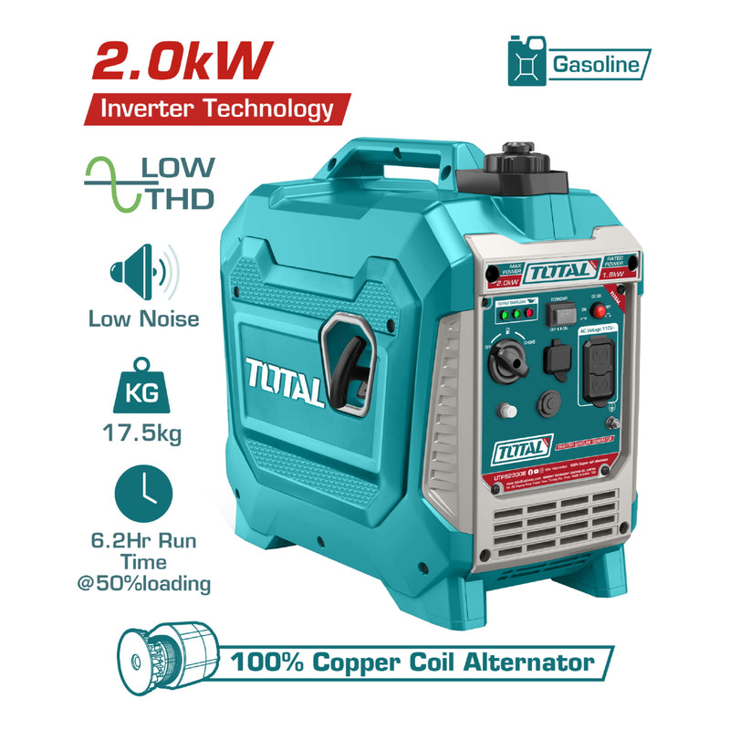 Generador 2000 Watts 2kW Inverter de Gasolina. 110-120V. Tiempo de uso 6.2 Horas. 17.5Kg. Combustible 4.4L planta