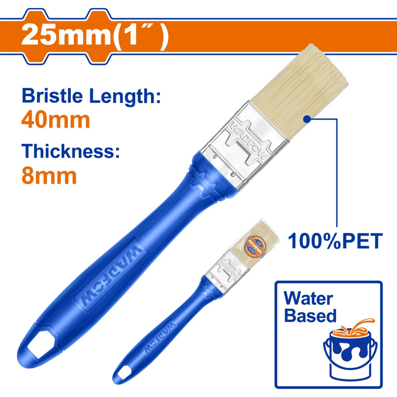 Brocha para pintar 25mm(1"). Cerdas 100% PET. Pintura a base de agua. Long: 40mm. Grosor: 8mm.