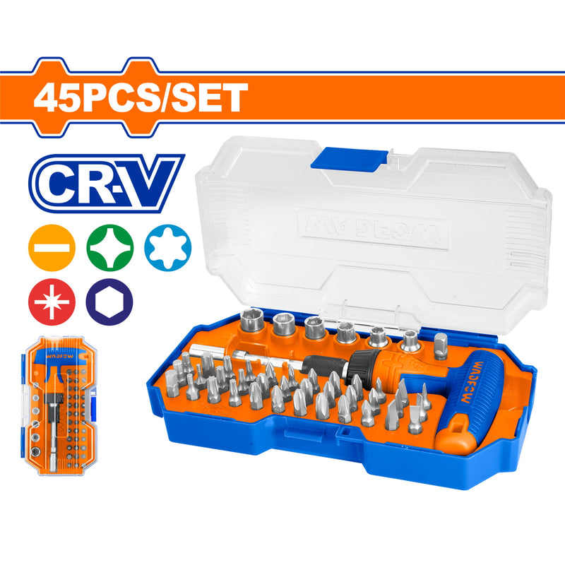 Portapuntas para Llave de Impacto en T. 45 piezas. Cr-V. Incluye: Puntas, adaptador y mango