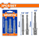 Adaptadores para Sockets 1/4", 3/8", 1/2". Zanco 1/4" Hexagonal. Material: 50BV30. Set 3 piezas.