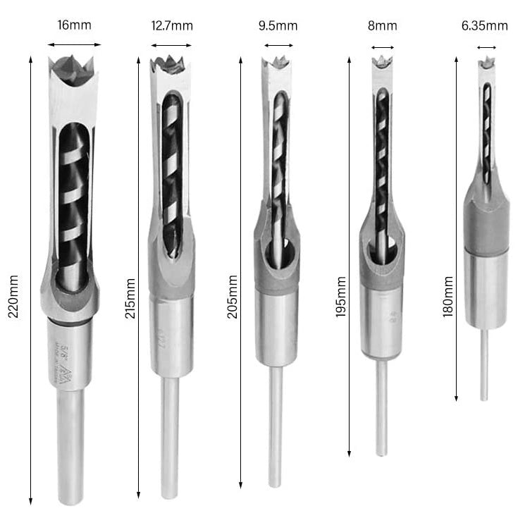 Juego 4 brocas de acero para carpintería y taladros cuadrados 1/4, 3/8,  1/2 y 5/8 pulgadas.