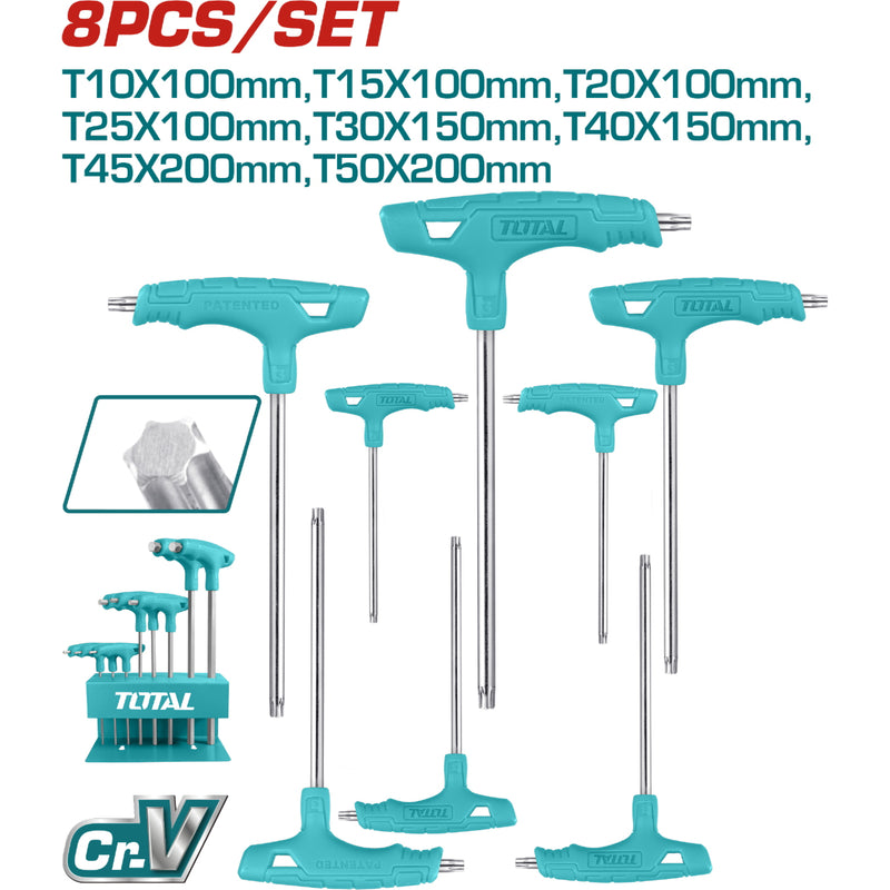 Juego de llaves Torx con mango T de 8 piezas. Cr-V, Tratamiento térmico y placa de cromo.