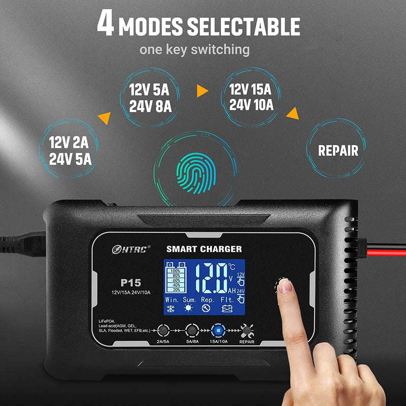 Cargador de batería inteligente de 15 amperios, de 12 V y 24V12 V/15 A
