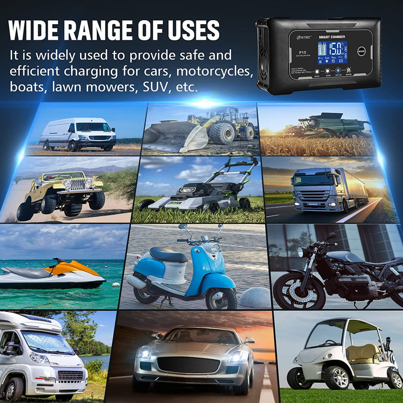 Cargador de batería inteligente de 15 amperios, de 12 V y 24V12 V/15 A