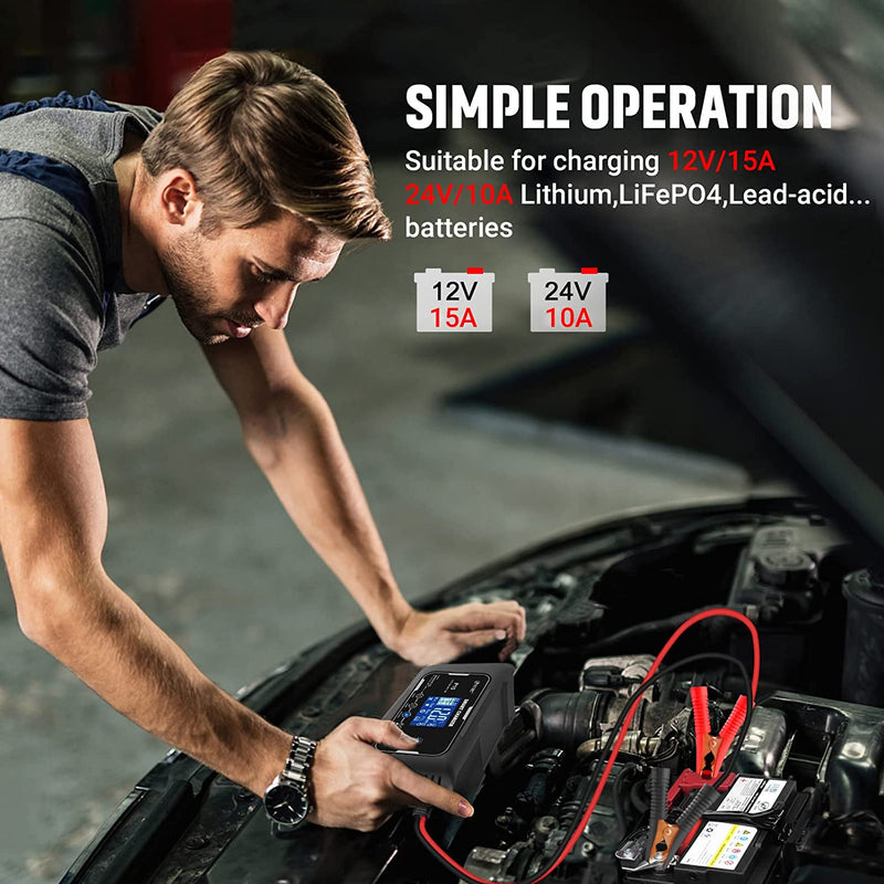Cargador de batería inteligente de 15 amperios, de 12 V y 24V12 V/15 A