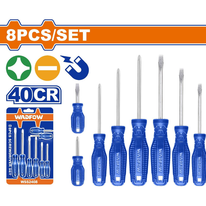 Destornilladores Punta plana y Punta estrella Mango redondo. 40CR. Magnético (Juego de 8 pzs)