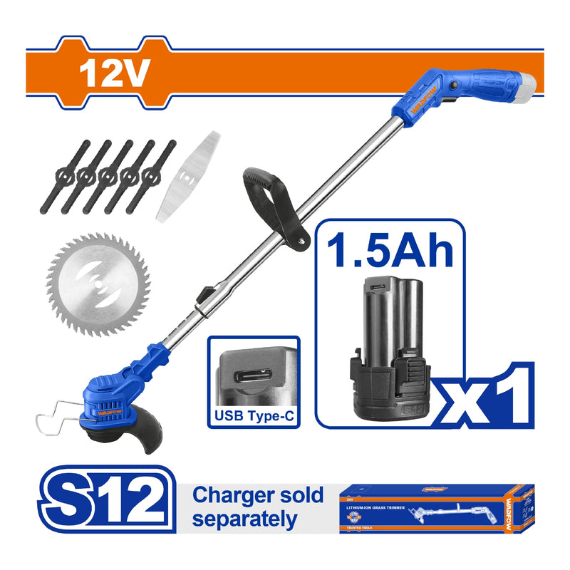 Desmalezadora de Hierba Inalámbrica 12V. Veloc.sin carga:10000/min Incluye Batería y cargador usa tipo C de Celular  se vende por separado