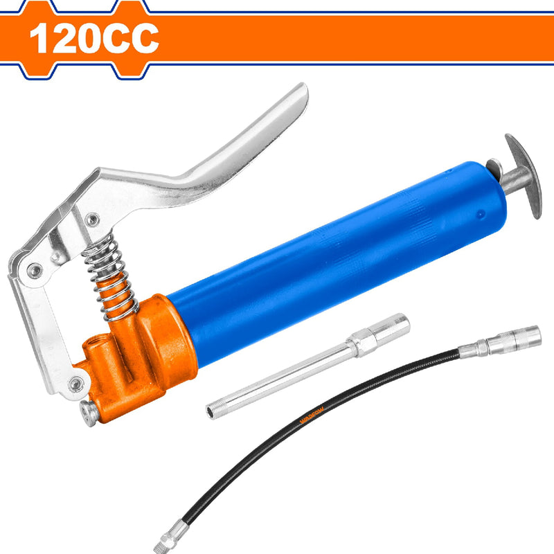 Pistola de grasa 120cc. Presión: 2500-4500psi. Incluye accesorios (manguera y pico metálico)