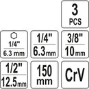 Adaptador Socket vástago hexagonal extensión Juego 3 pcs 1/4", 3/8" y 1/2" 150 mm largo