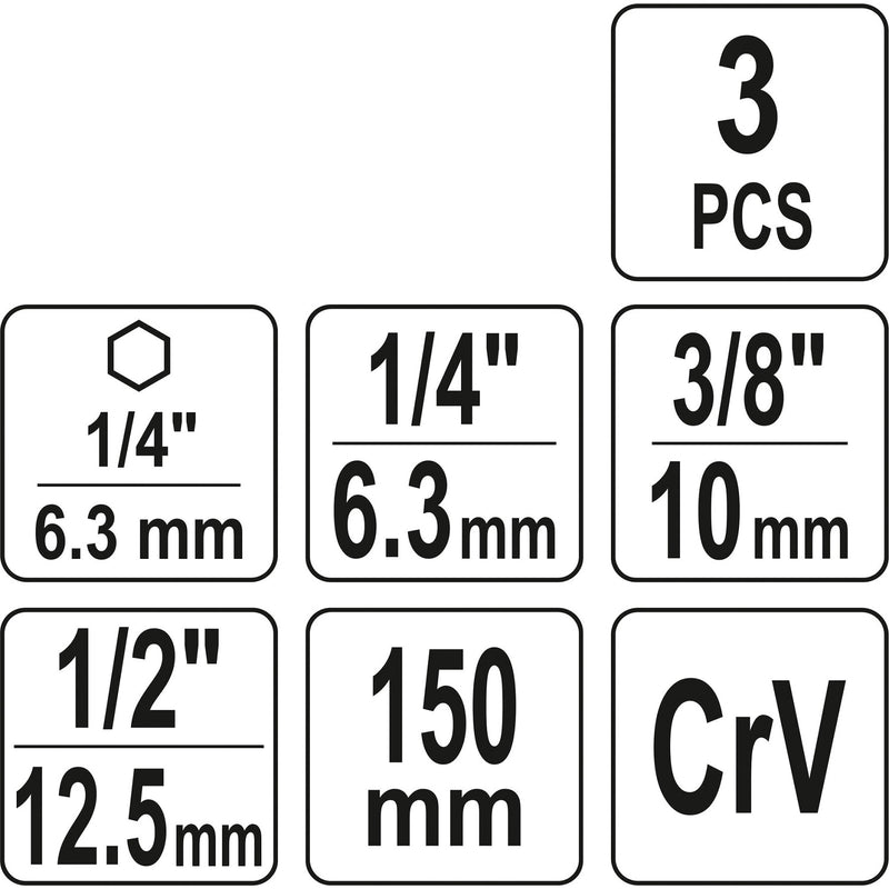 Adaptador Socket vástago hexagonal extensión Juego 3 pcs 1/4", 3/8" y 1/2" 150 mm largo