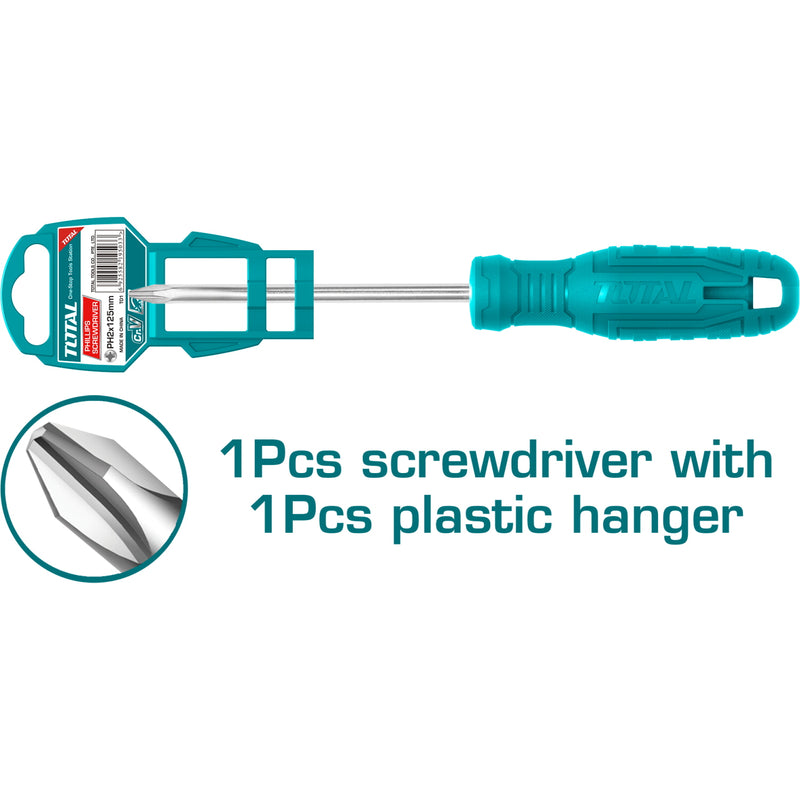 Destornillador Phillips 40 Cr, PH2, mango redondo. Diámetro: 6 mm. Longitud: 125 mm.