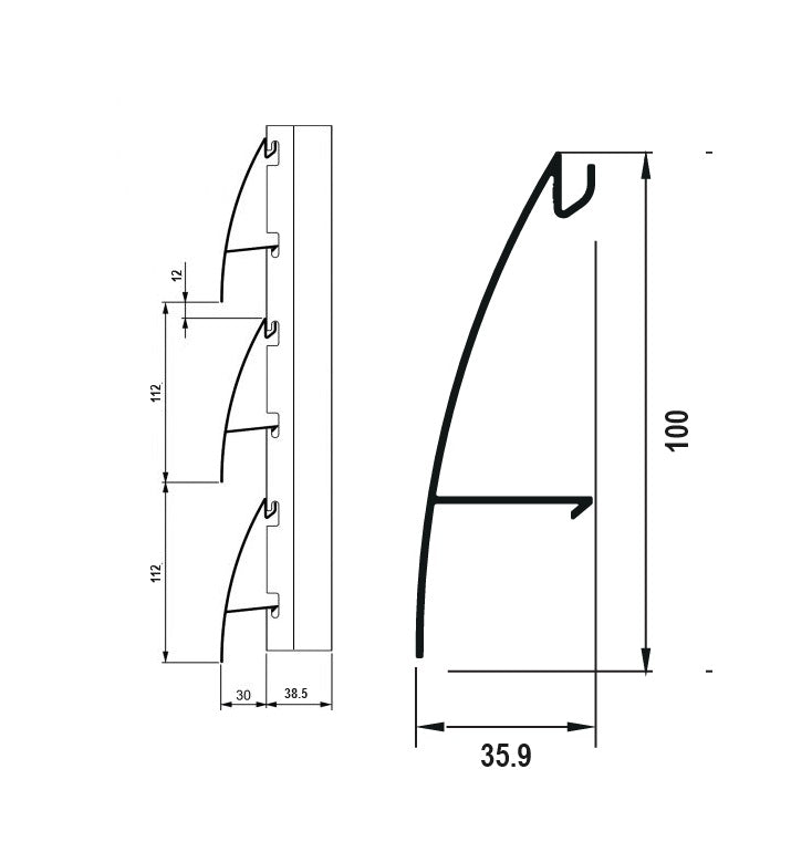 Lama Louver Curva Blanco para clipar en marco U127 Ancho 100x35x1mm 5.85m long.
