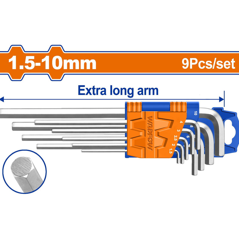 Llaves Allen de brazo extra largo de 9 pzas. Medidas: 1.5-10mm. Cr-V (Juego)