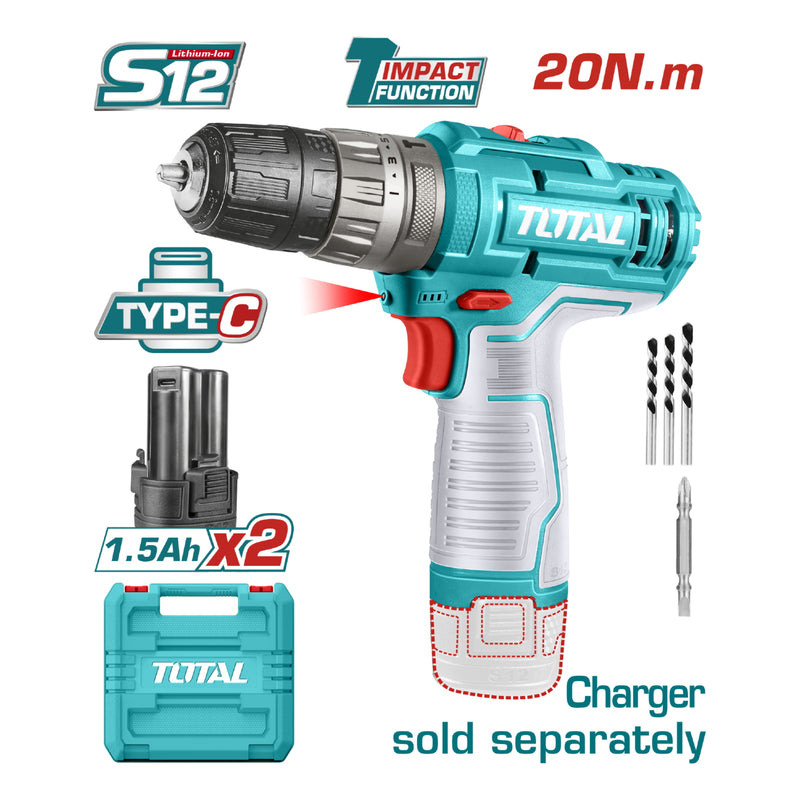 Drill Taladro Inalámbrico 3/8" 12V Función Impacto 0.8-10mm 20Nm Luz LED. No incluye cargador. Super Total