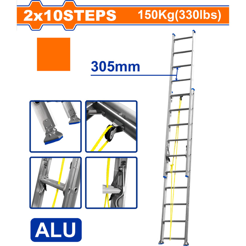 Escalera Extensible 2x10 de Aluminio. Carga máxima: 150Kg. Altura escalon: 305mm.