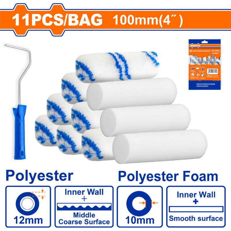 Rodillos para pintar 4"  Espuma y Poliéster.11 pzas. Ideal en interiores. Incluye Mango.