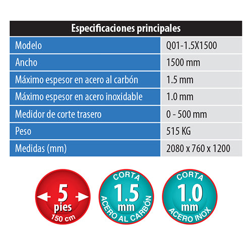 Cortadora de laminas Cizalla manual 5 pies (1500 mm) Corta calibre 16