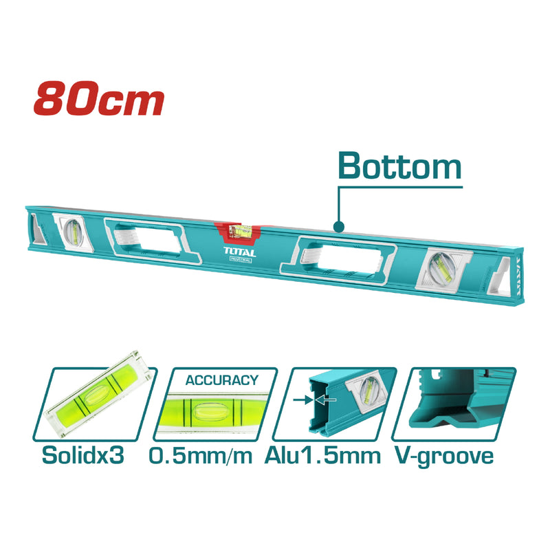Nivel de Burbuja en forma de V para Objetos Cilindricos 80 cm. Espesor del Aluminio 1.5 mm.