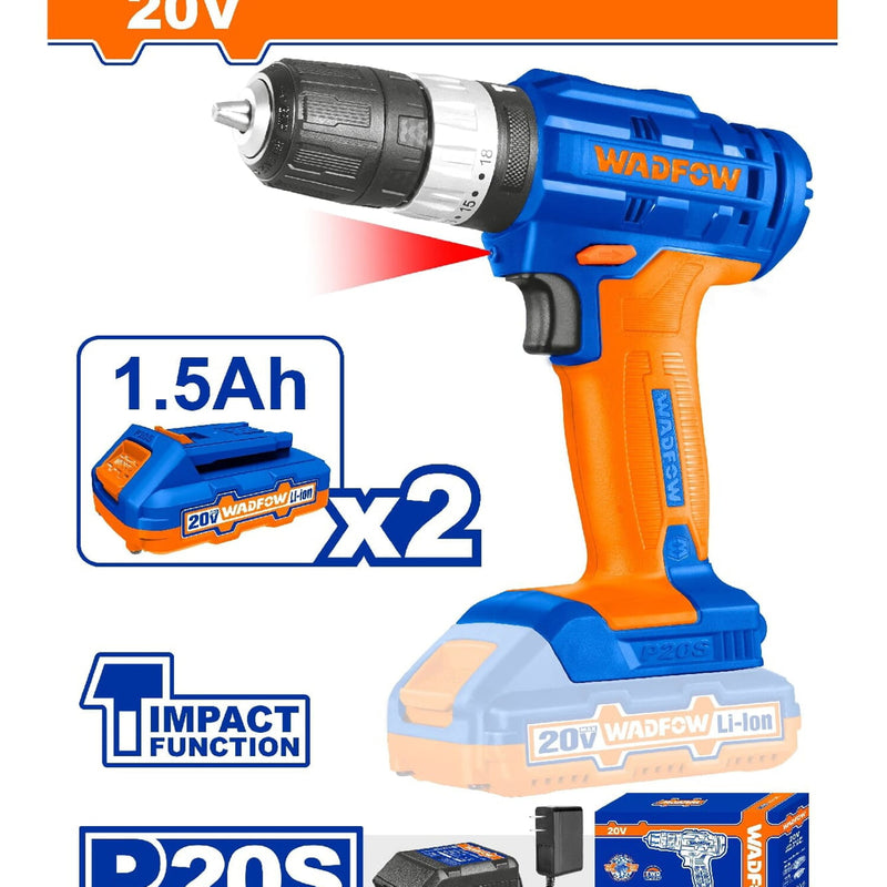 Taladro drill Inalámbrico de Impacto 20V de 3/8" 35NM Indicador LED. Incluye 2 baterías y 1 cargador.