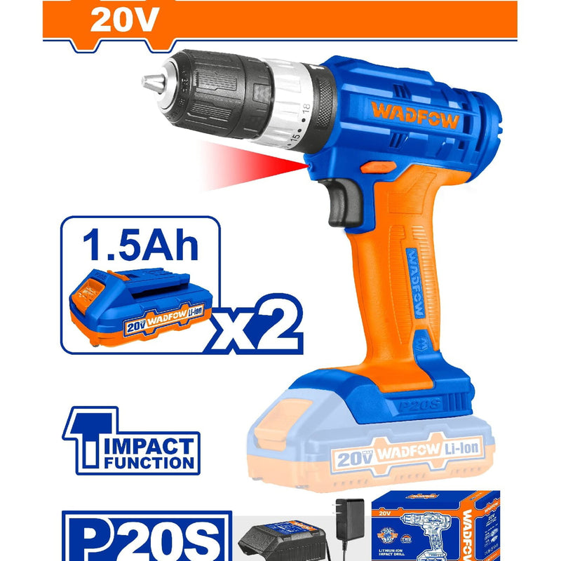 Taladro drill Inalámbrico de Impacto 20V de 3/8" 35NM Indicador LED. Incluye 2 baterías y 1 cargador.