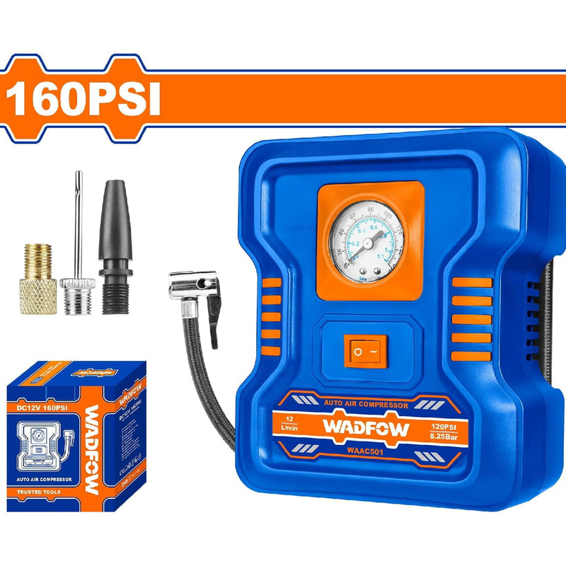 Compresor de aire automático 12V 160PSI. Flujo de aire: 9L. Incluye: Adaptadores variados