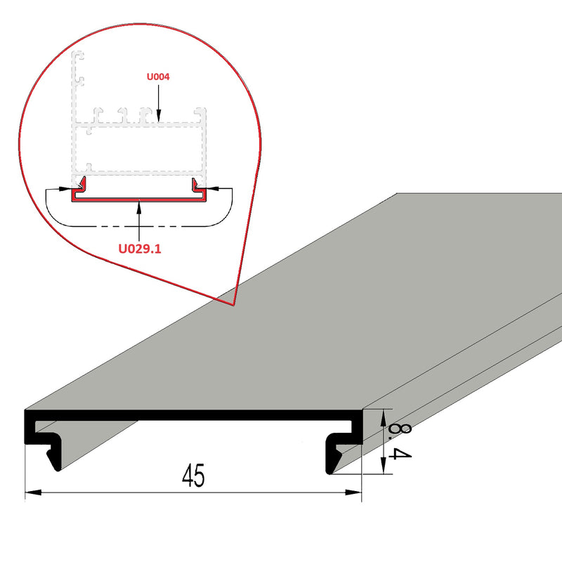 Tapa Plana Remate perimetral para Marco 45 mm Europa Largo 5.85 mts. Acabado Anodizado Negro 15 Micron.