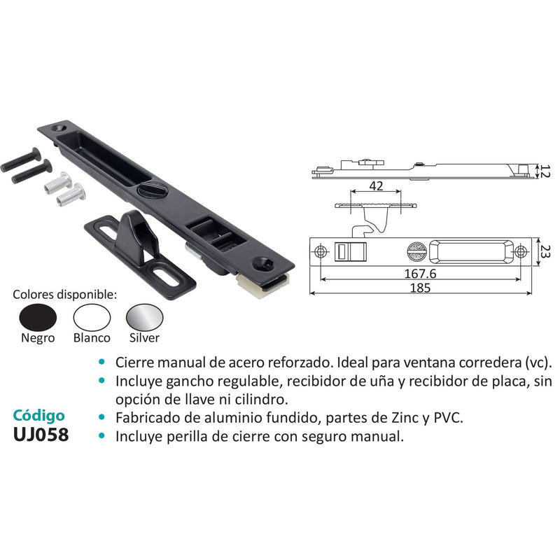 Cierre Embutido Manual para Ventana y Puerta Corredera. Aleacion de Zinc. Incluye Recibidor y Gancho