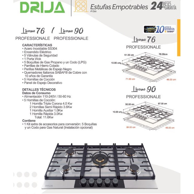 Estufa empotrable a gas Livorno 90 Professionale. Color Inox.