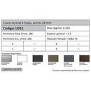 Perfil Cruce Central 4 Hoja de 28x66. Espesor 1.3 mm. Largo 5.85 mts. Acabado Lacado Madera Texturiz