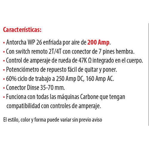 Antorcha Tig WP 26 cabeza rigida con control de amperaje 47K.(Dinse 35mm) 6 mts.