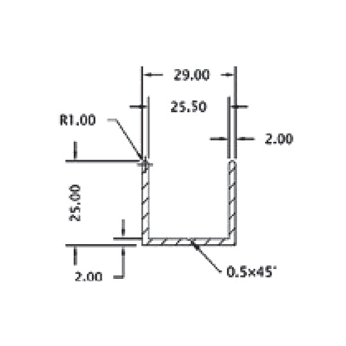 Uchanel alum. 25 mm glass. 3 mts largo. acabado Satinado.  (D1G003.11 -G003.12 -G003.13 -G003.14)