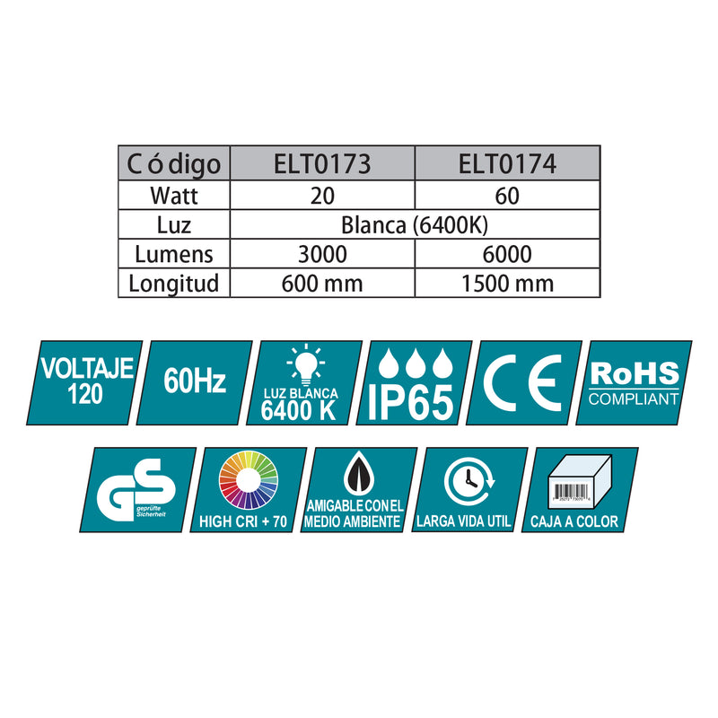 Lampara lineal colgante Rectangular Industrial IP65. 60 Watt. 120Volt. 60Hz. Luz Blanca LED (6400K) 6000 Lumens. anti agua para bodegas