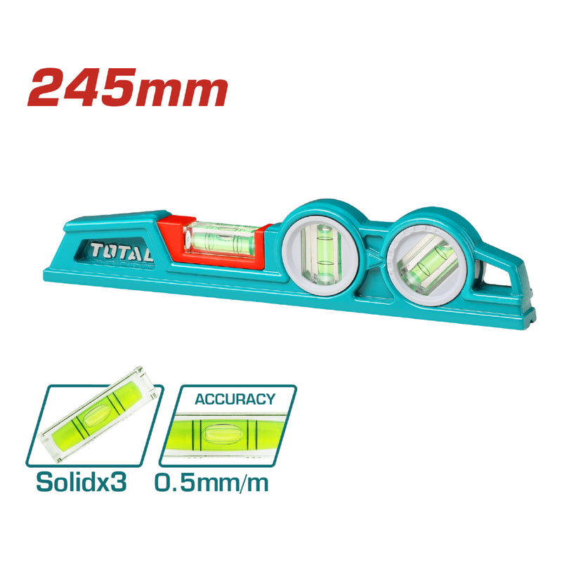 Nivel de Burbuja de Superficie Plana 24.5 cm. Aluminio de alta calidad.