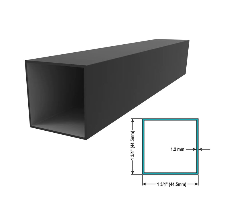 Tubo Aluminio Cuadrado 1 3/4" (44.5 mm) Liviano Espesor 1.2 mm Largo 5.85m Anodizado Negro 15 Micr