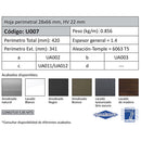 Perfil Hoja Perimetral de28x66HV22mm. Espesor 1.4 mm. Largo 5.85 mts. Acabado Anodizado Silver 15 Mi