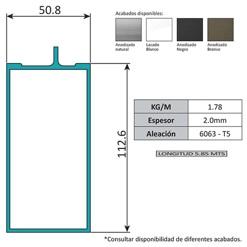 Travesaño Muro Cortina Perfil Oculto. Espesor 2.0 mm. Largo 5.85 mts. Acabado Lacado Blanco