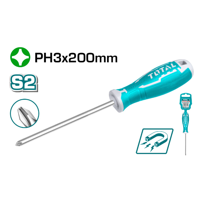 Destornillador de estrella PH3. Diam. 8.0 mm. Largo 200 mm. Cr-V.
