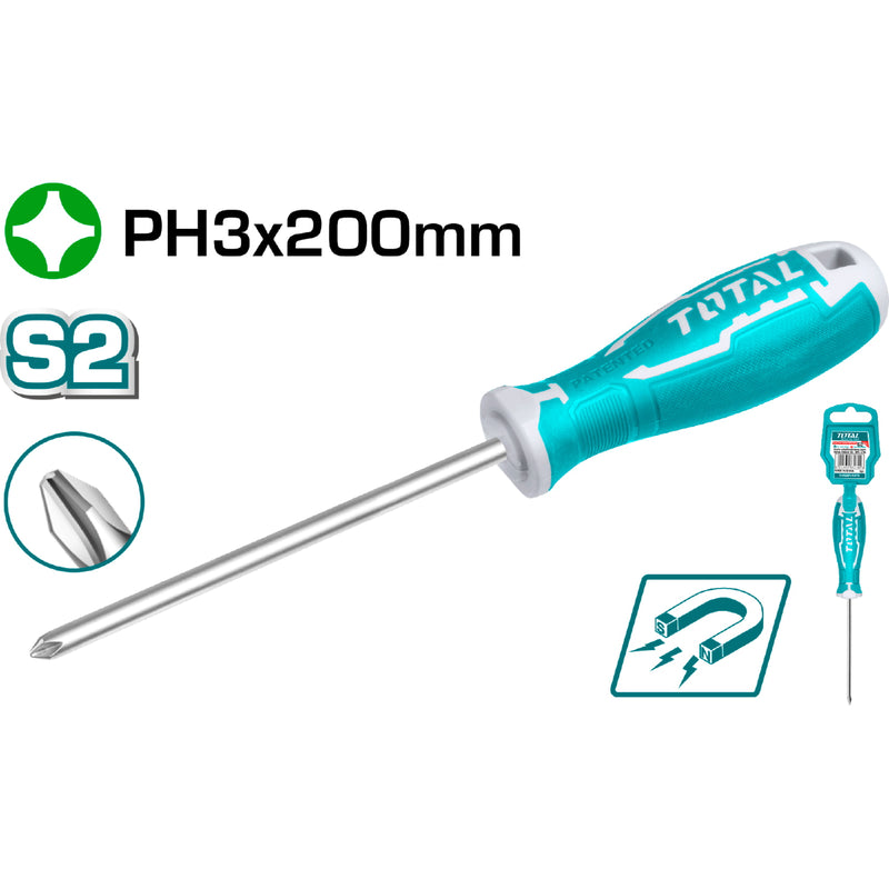 Destornillador de estrella PH3. Diam. 8.0 mm. Largo 200 mm. Cr-V.